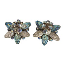 Cathe Rhinestone &amp; Pearl Cluster Earrings Vintage AB Teal White 1.25&quot; - $364.18 MXN