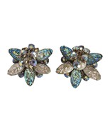 Cathe Rhinestone &amp; Pearl Cluster Earrings Vintage AB Teal White 1.25&quot; - $364.18 MXN
