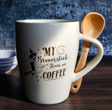 Wiccan Witch Sacred Moon My Broomstick Runs On Coffee Ceramic Mug And Spoon Set - £17.57 GBP