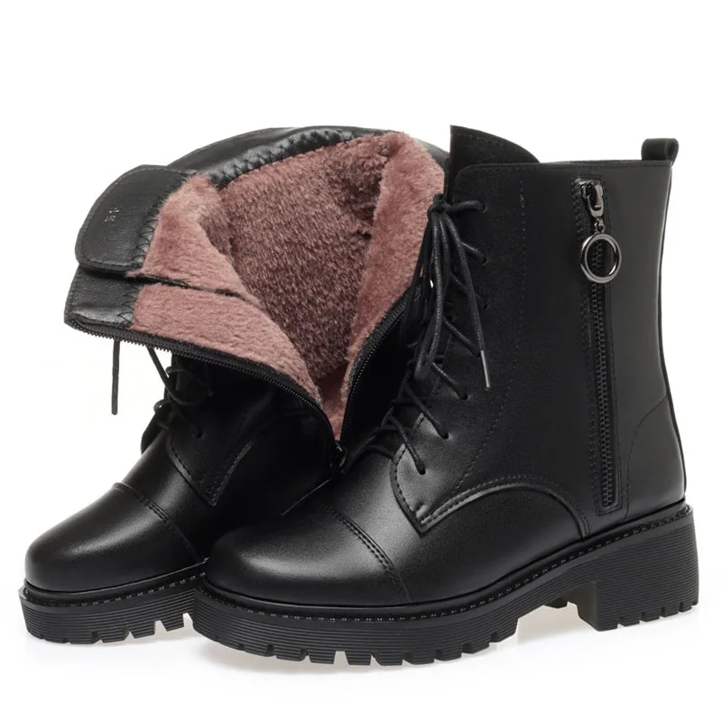 Plus Size 42 43 Women Snow Boots Winter Warm Wool Fur Thick Heel Genuine Leather - £77.15 GBP