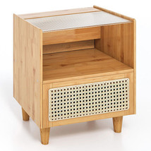 Bamboo Rattan Nightstand with Drawer and Solid Wood Legs-Natural - Color: Natura - £58.37 GBP
