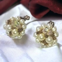 Estate Cluster Bead Earrings AB Aurora Borealis Glass Japan Faux Pearl Vintage  - £10.25 GBP