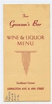 Granson&#39;s Bar Wine &amp; Liquor Menu Lexington Ave &amp; 49th Street New York 19... - $17.82