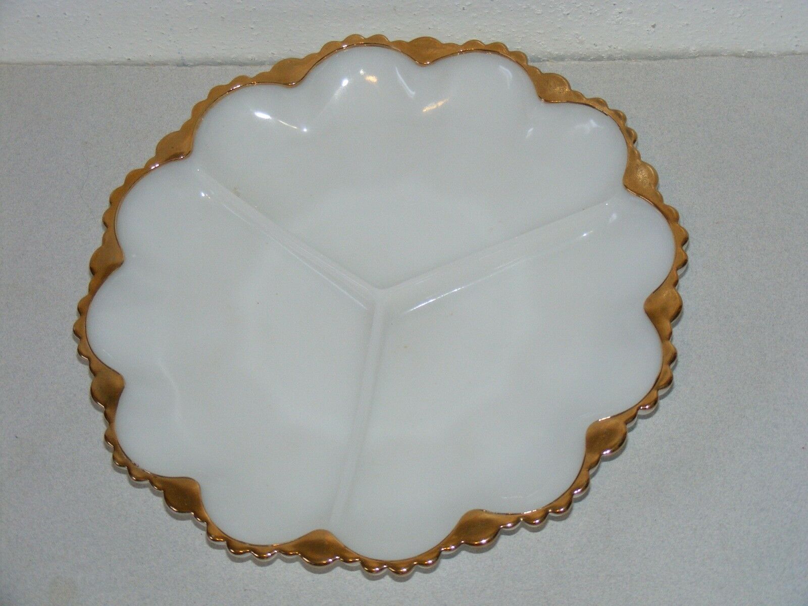 Vtg divided white milk glass gold scalloped edge serving relish egg dish... - $8.00