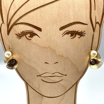 Vintage Gold Tone Flourish Earrings, Fancy Swirl with Faux Pearl Center - $37.74