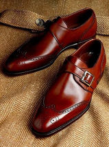 Christmas Dark Brown Handmade Single Monk Leather Wingtip Brogue Wedding Shoes - £112.24 GBP