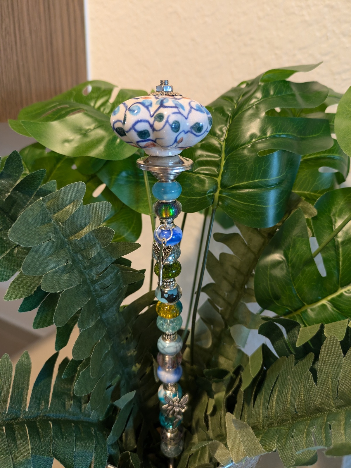 Fairy Wand Garden Stake with Blue/Orange Decorative Top Blue Beads &amp; Fai... - $18.00
