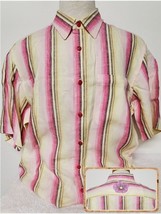 L- Tommy Bahama Pink Yellow Floral Striped Shirt Tropical Flower Graphic Vintage - £23.02 GBP