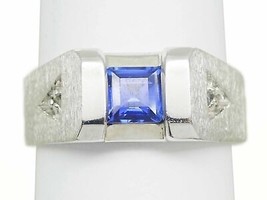 Men&#39;s Square Natural Sapphire &amp; Diamond Accent Ring 10k White Gold Size 7.75 - £1,434.84 GBP