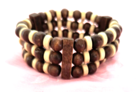 Women&#39;s Stretch Bracelet Brown Beige Round Wooden Beads and Rondelles - £6.61 GBP