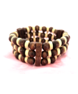 Women&#39;s Stretch Bracelet Brown Beige Round Wooden Beads and Rondelles - $8.32