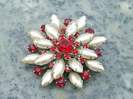 Vintage Burst Brooch Pearl Garnet Red Gemstones Flower Burst Lapel Hat Pin `2x2&quot; - £18.47 GBP