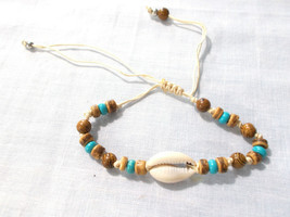 Cowrie Shell Wooden Beaded Adjustable Light Tan String Bracelet Anklet 6 - 10&quot; - £3.98 GBP