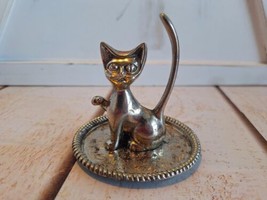 Vintage Cat/Kitten Ring Jewelry Holder Pewter Round Dish Gift Silver 3.25&quot;Tall - £7.10 GBP