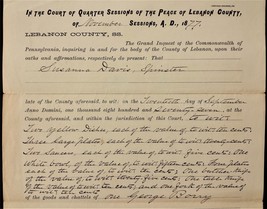 1877 Antique Lebanon Pa Legal Document Theft Susanna Davis George Borry Lehman - £38.12 GBP
