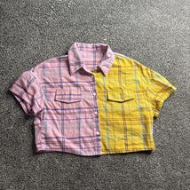 SHEIN Color-block Plaid Drop Shoulder Crop Top Button Up Large (L) Pink ... - €6,84 EUR