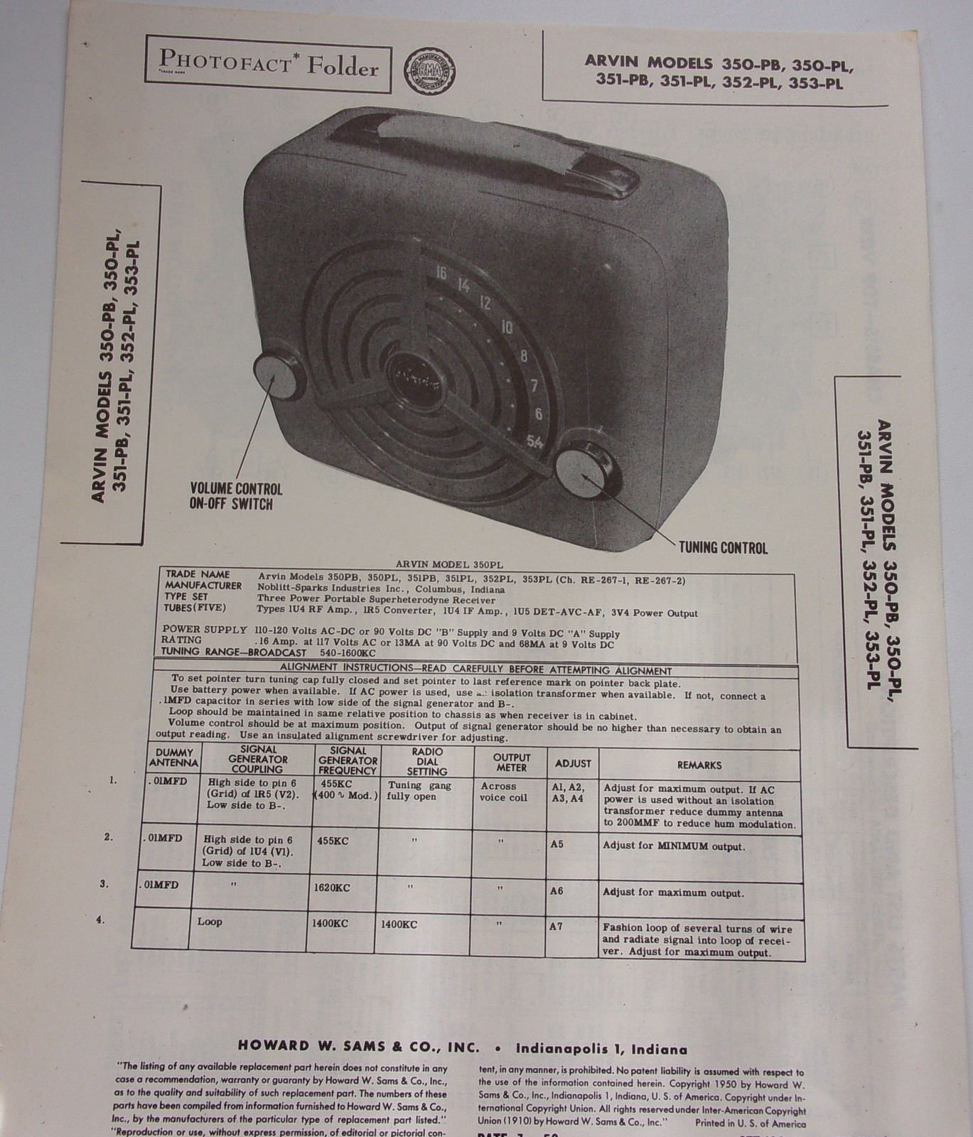 Vtg PhotoFact Arvin Models 350-PB 350-PL 351-PB 351-PL 353-PL Instructio... - $4.99