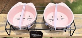 Set of 2 Pink 5” Ceramic Kitty Cat Face Feeding Water Dishes Bowls &amp; Sta... - $31.99