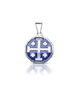 Sterling Silver Jerusalem Cross Blue Enamel Octagon Pendant Necklace - $68.45 CAD+