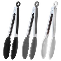9-Inch Kitchen Cooking Tongs With Silicone Tips, Set Of 3 (Black White Gray) - £20.90 GBP