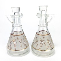 Vintage Hazel Atlas Frosted Glass Oil &amp; Vinegar Cruet Gold Pine Cones Set - £31.54 GBP