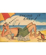 Taking It Easy Man Sleeping on Beach Crab Sailboat Linen Comic Postcard ... - $6.93
