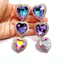 Colorful Rhinestone Heart, CLIP ON Earrings, Oversized Chandelier Earrings, Drop - £47.15 GBP