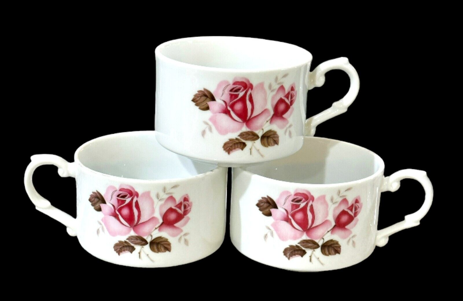 Primary image for 3 Contessa Pink Rose Coffee Mugs Cups Floral Cottagecore Shabby Chic JAPAN