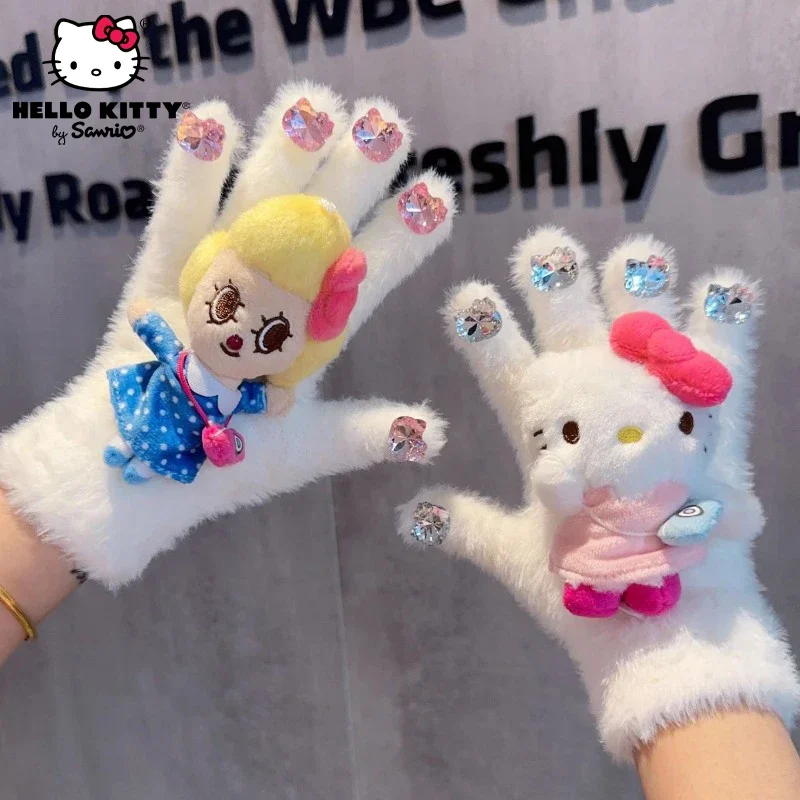 Anime Sanrio Kawaii Hello Kitty Coral Velvet Gloves Girly Heart Rhinestone - £14.13 GBP+