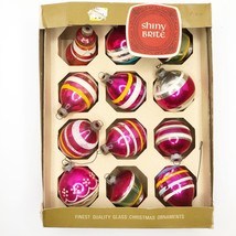 Vintage Shiny Brite 12 PINK Striped Glass Christmas Ornaments Bell UFO Box - £95.75 GBP