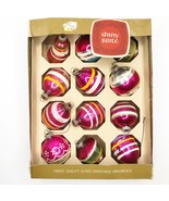 Vintage Shiny Brite 12 PINK Striped Glass Christmas Ornaments Bell UFO Box - £94.44 GBP