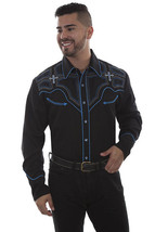 Men&#39;s Western Shirt Black Long Sleeve Rockabilly Country Cowboy Cross Embroider - £70.18 GBP