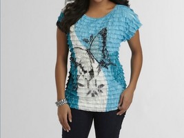 Women&#39;s eyelash Ruffle metallic butterfly graphic Top shirt Cruise plus ... - $34.64