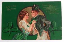 St Patricks Day Erin Go Bragh Dapper Couple Shamrock Embossed Postcard c1910s - £6.42 GBP