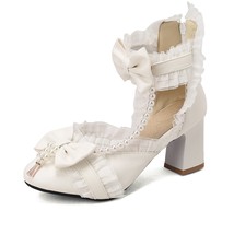 Classic Bow Lolita Shoes Sweet Lace back zipper Ankle Strap Spike Heel Pumps Fem - £37.83 GBP