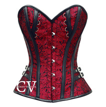 Red Brocade With Black Leather strips Overbust Corset Christmas Costume ... - $79.99+