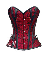 Red Brocade With Black Leather strips Overbust Corset Christmas Costume ... - $79.99+