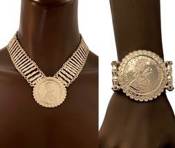 Golden Dubai Style Coin Medal Statement Necklace Bracelet Earrings Jewelry Set - $47.50