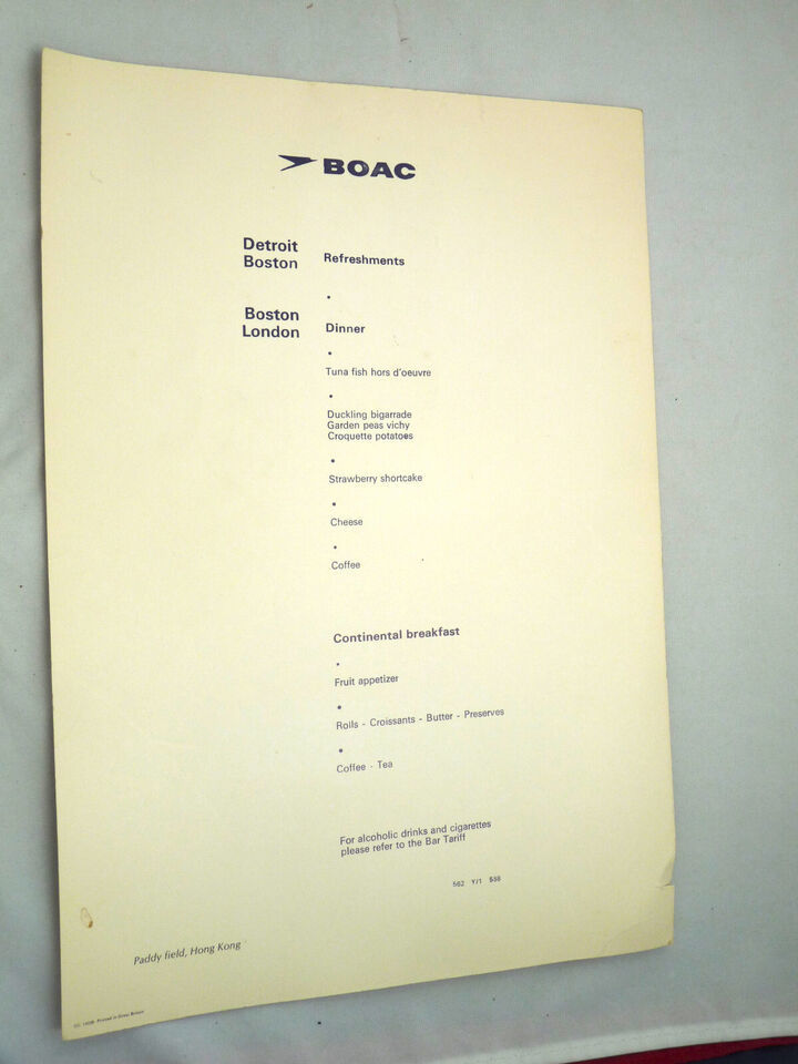 Vintage BOAC menu Paddy Field Hong Kong 60s airline Item image 2