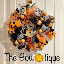 13 inch Halloween Ribbon Wreath Black Cat MW1 - £35.39 GBP