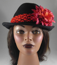 Black Wool Felt Fedora Hat w Red Lace Band &amp; Red &amp; Tangerine Dahlia Flower - $27.25