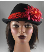 Black Wool Felt Fedora Hat w Red Lace Band &amp; Red &amp; Tangerine Dahlia Flower - $37.20 CAD