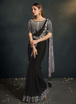 Beautiful Black Sequence And Appliqu Embroidery Wedding Saree - £91.81 GBP