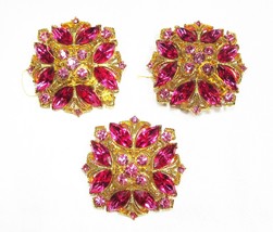 Estate Vintage M. Jent Pink Rhinestone Gold Tone Brooches Set of 3 C1933 - £20.91 GBP