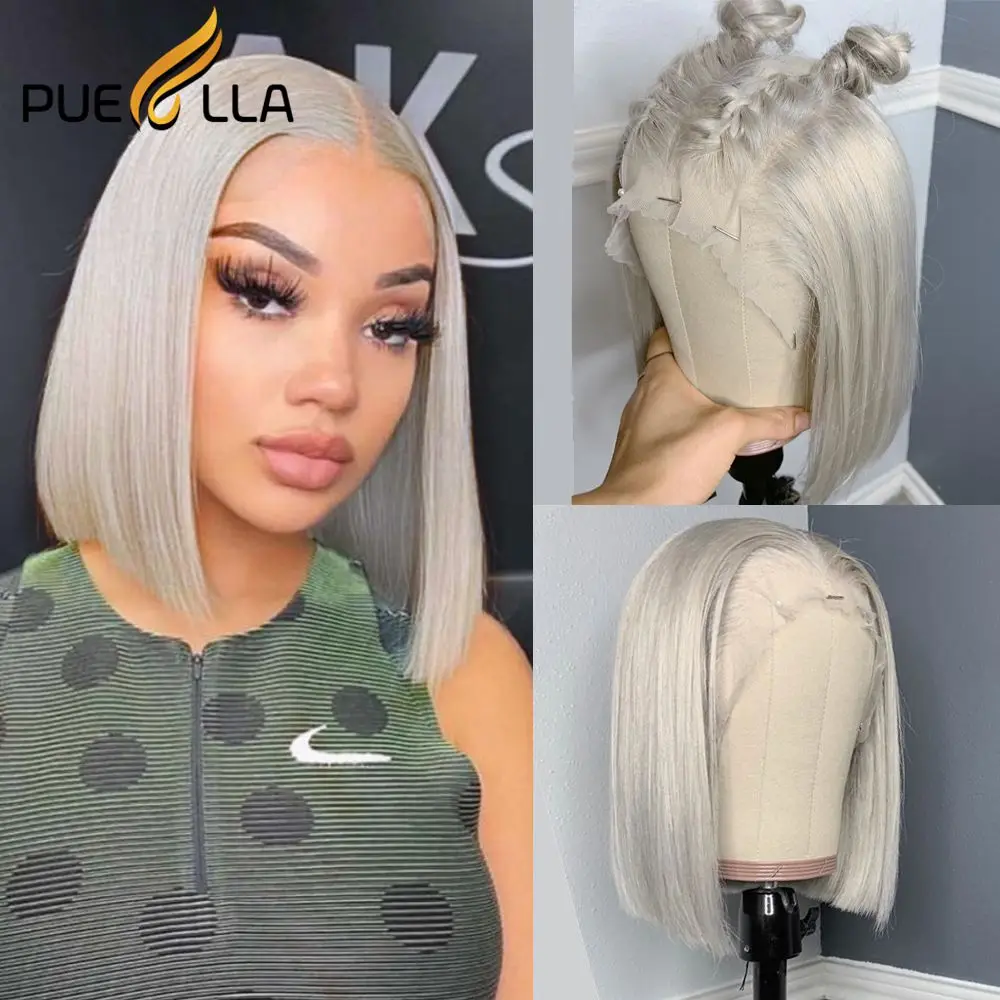 Grey Colored Short Bob Human Hair Lace Front Wig Glueless Red Purple Pix... - $105.84+