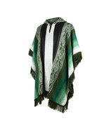 Lightweight BABY ALPACA Wool Hooded Fringed Poncho Pullover UNISEX GREEN - £53.64 GBP