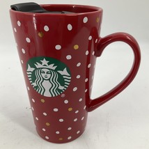 Starbucks 2018 Cup Red Gold Polka Dot Tumbler Ceramic Travel Mug Handle 14oz EUC - £19.73 GBP