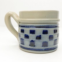  Salt Glazed Stoneware Pottery Mug Cobalt Blue Gray Checkerboard Pattern Coffee  - £16.43 GBP