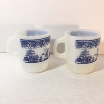 2 Vintage Fire King Anchor Hocking Blue Willow Asian Milk Glass Coffee Cups Mugs - £17.31 GBP
