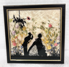 Vintage Silhouette Picture Crinoline Girl Man Hat Pressed Flowers 5.5 x ... - $28.22